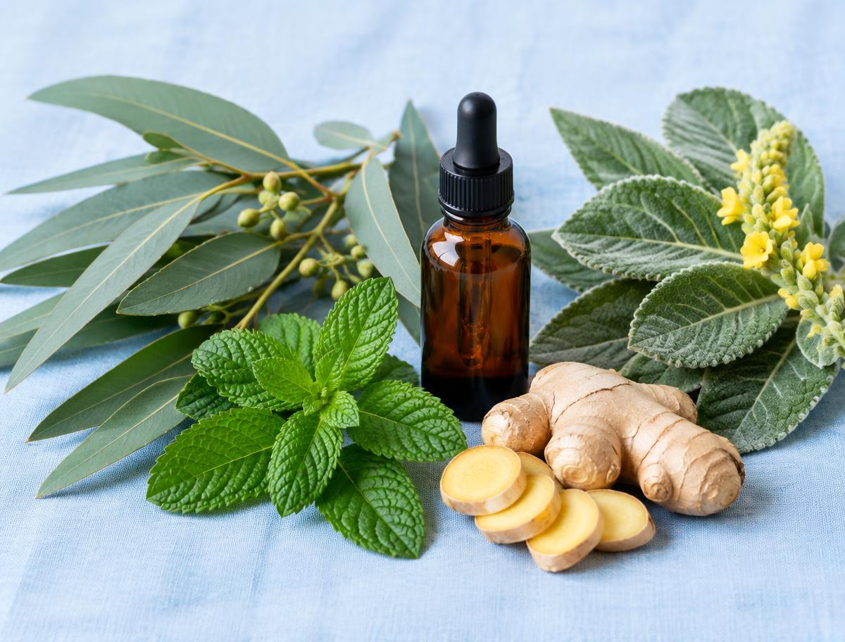 Eucalyptus, peppermint, ginger and mullein beside a dropper bottle